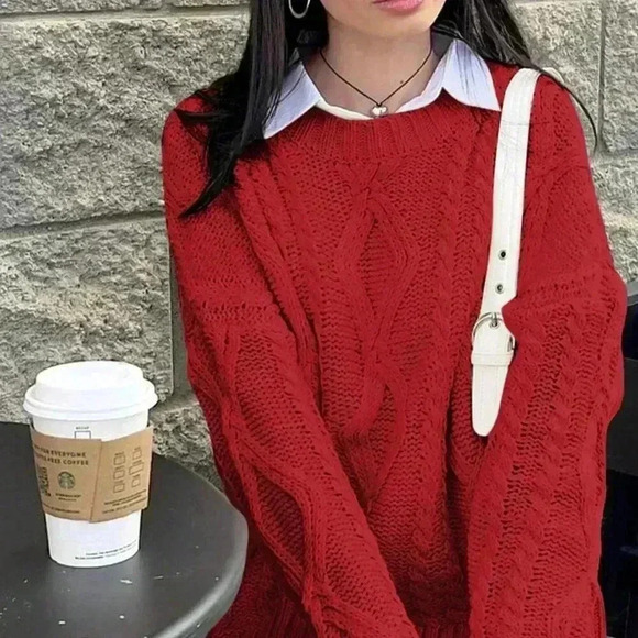 Deep Red Casual Women's Cable Knit Crew Neck Loose Long Sleeve Sweater - Picture 4 of 6